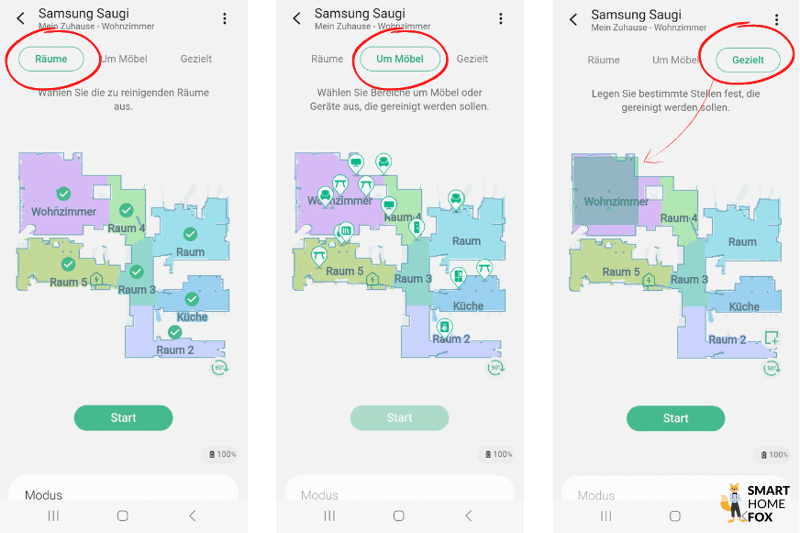 Der zu reinigende Bereich wird in der Samsung Jat Bot AI+ App ausgewählt.